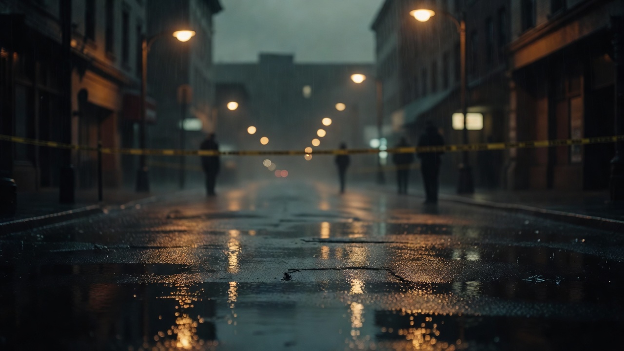 雨夜路灯下的城市街道实景，湿漉漉的路面与远处模糊人影
